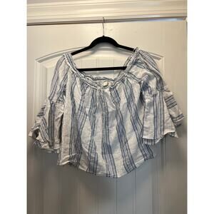 Lucky Brand Women’s Off The Shoulder Striped‎ Top Size L White Blue Bell Sleeve